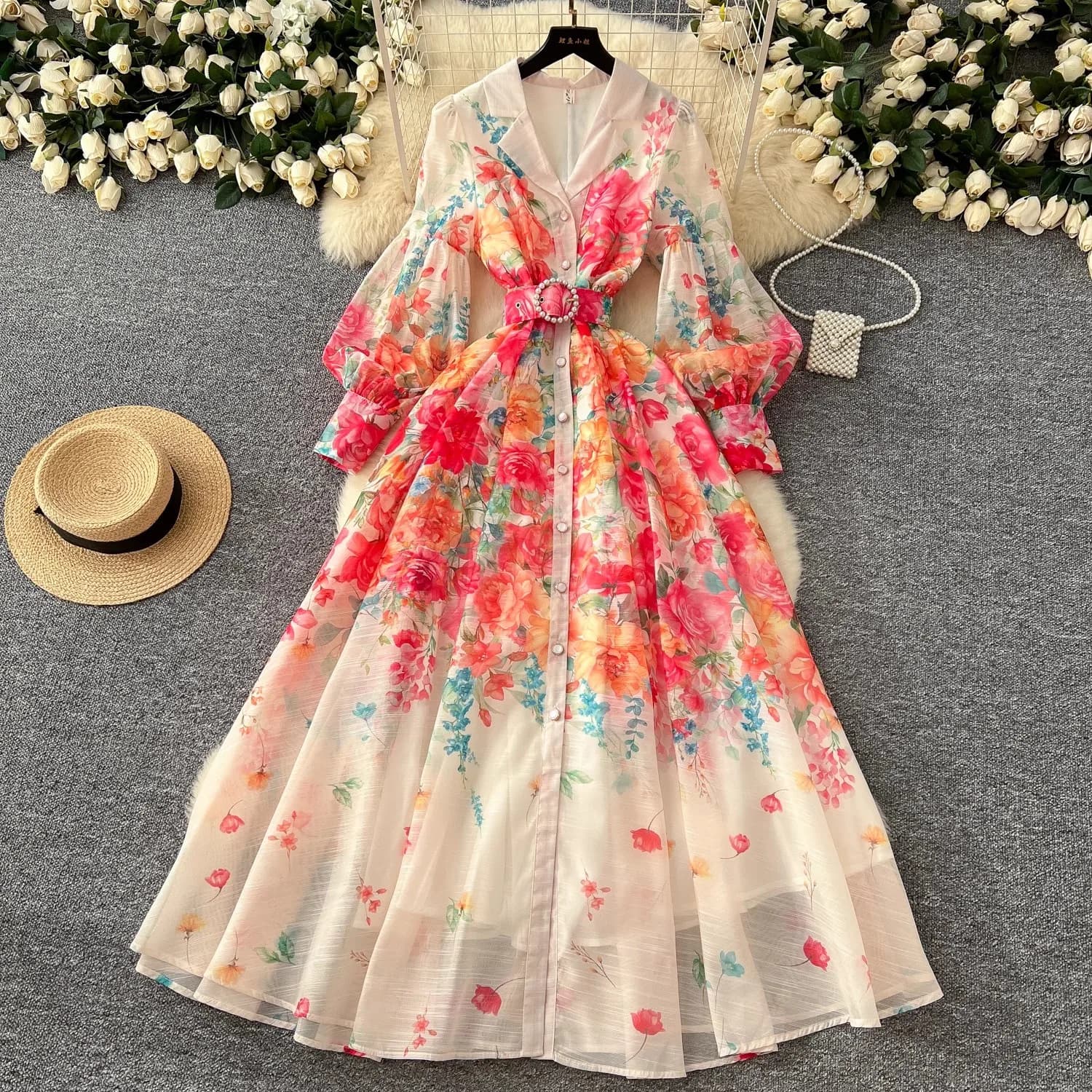 2025 Vacanza primaverile Splendido fiore Maxi abito da donna manica lunga a lanterna con intaglio stampa floreale cintura di perle A Line Robe Vestidos