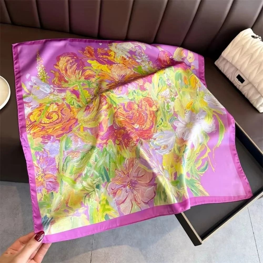 Fashion 70cm Luxury Square Silk Scarf Silk Feel Flower Print Design Women Headscarf Bag Tie Ribbon Lady Headband Bandana
