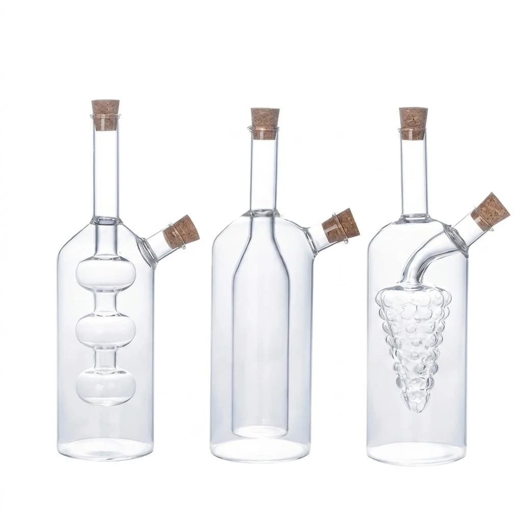 2-in-1 Glass Oil Dispenser Bottle Dual Chamber Olive Oil Vinegar Cruet Set with Cork Stopper Kitchen Seasoning Storage Jar