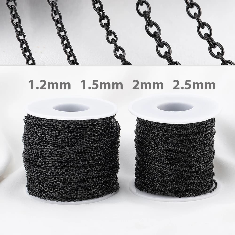 Catena Base a Maglie a O in Acciaio Inossidabile Placcato Nero da 2 Metri, 1.2/1.5/2/2.5mm, Semplice per Bracciali e Collane Fai da Te, Creazione Gioielli
