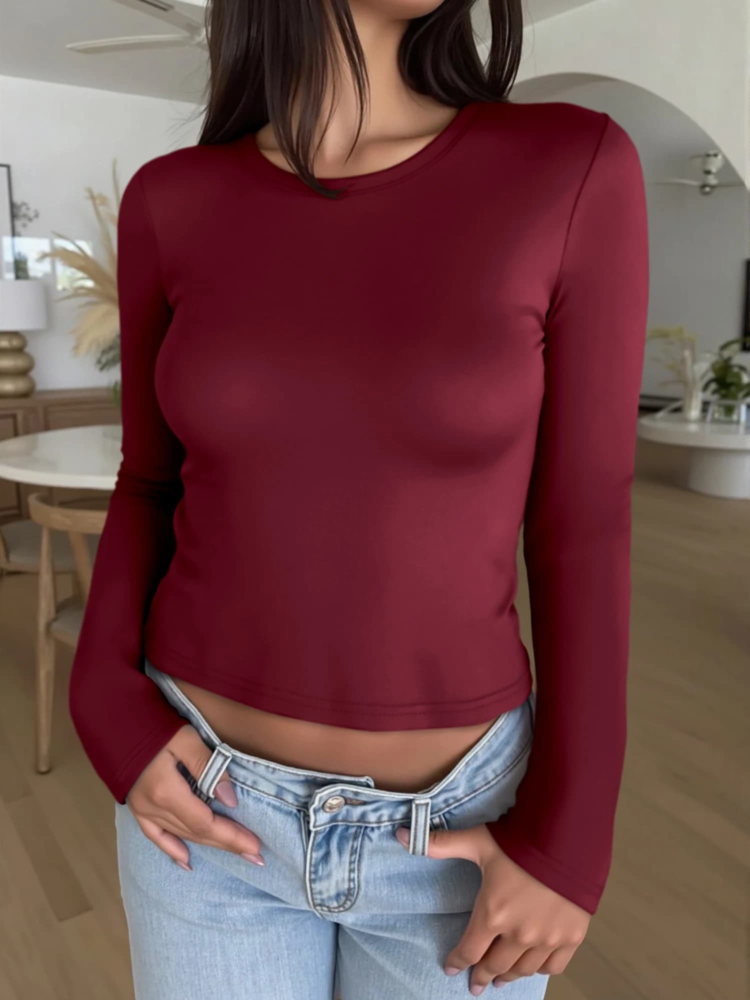 2026 New Women Solid Round Neck Long Sleeve Crop Tee Slim Bodycon Elastic Blouse Spicy Girl Daily Streetwear Top For Ladies
