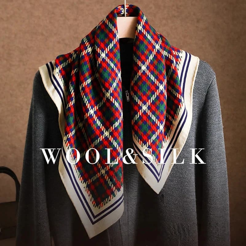 30% Silk 70% Wool Winter Scarf for Women Christmas Scarf Luxury Brand Green Red Plaid Neck Scarves Neck Warmer