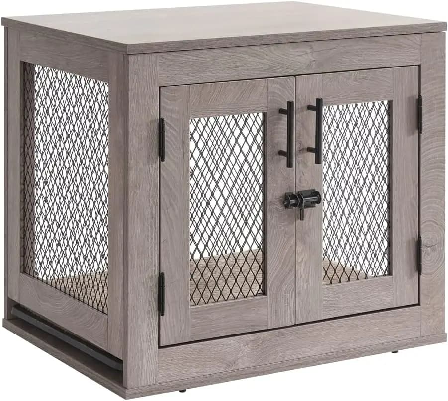 Cuccia per cani in legno da 25,5 pollici, cuccia da interno per animali domestici di piccola taglia con vassoio e letto, fino a 25 libbre