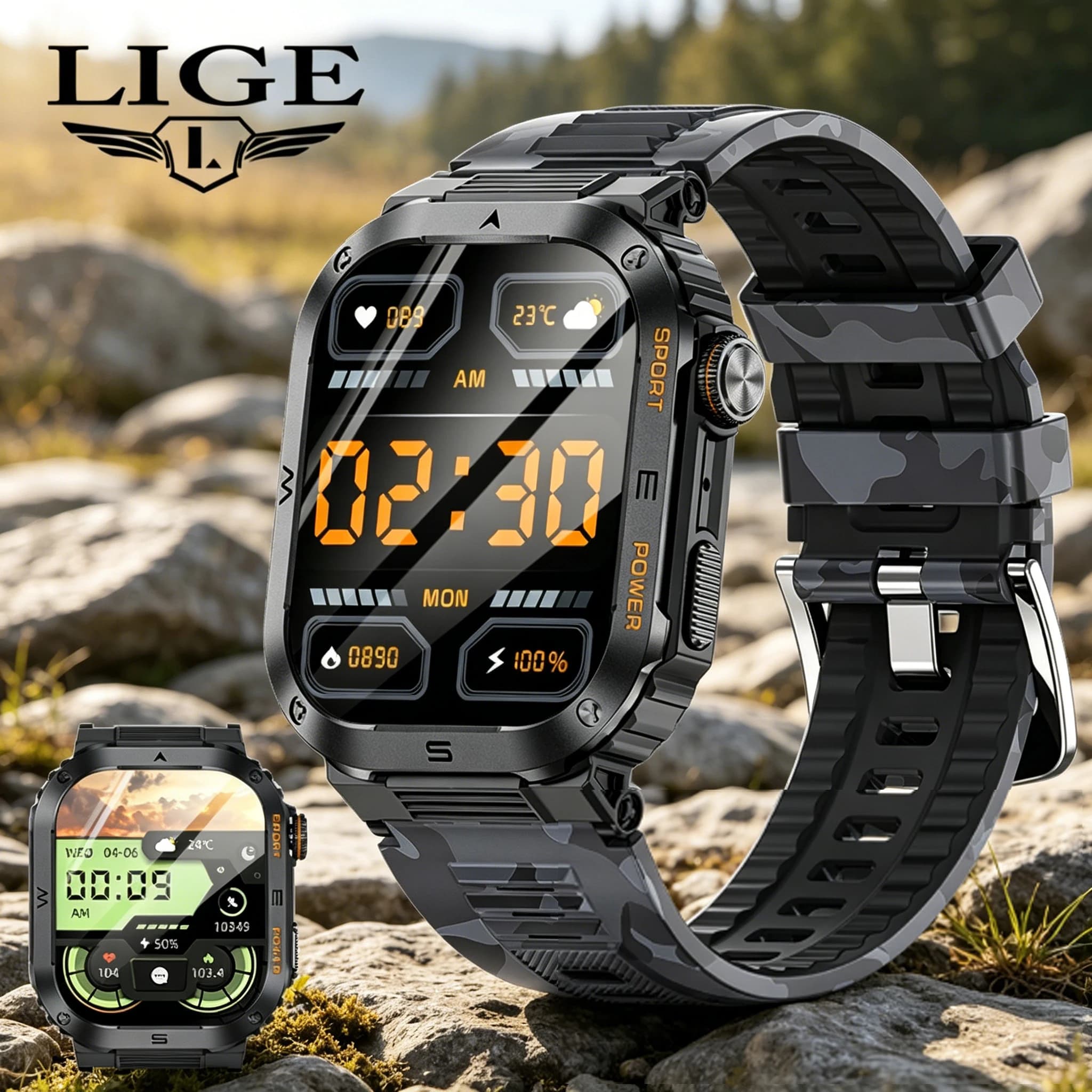 Orologio sportivo intelligente LIGE da uomo con schermo da 2,01 pollici, monitoraggio dell'ossigeno nel sangue, Bluetooth, funzione chiamata, multi-sport, torcia LED, orologio intelligente per esterni.