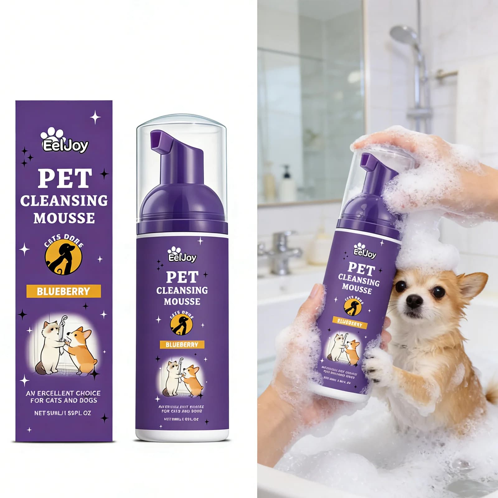 EelJoy Mousse per toelettatura per animali domestici, delicato, non irritante, controllo degli odori, senza acqua, pulito, mantiene la pelliccia morbida e lucida per cani e gatti