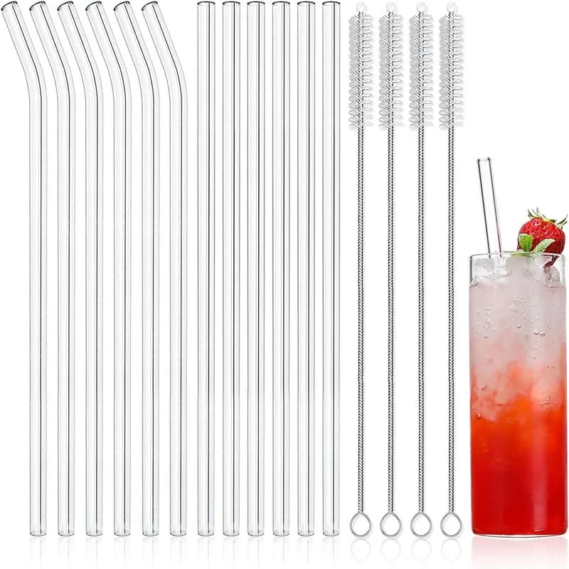 Confezione da 12 cannucce in vetro riutilizzabili Cannucce in vetro trasparente liscio da 8''x10 mm Set di 6 dritte e 6 piegate con 4 spazzole per la pulizia