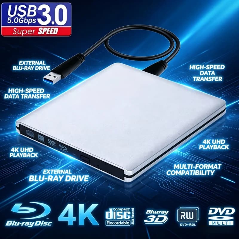 Masterizzatore Blu-Ray UHD 4K USB 3.0 Esterno, Lettore Ottico DVD/BD-RE/ROM 3D per Windows/Mac OS