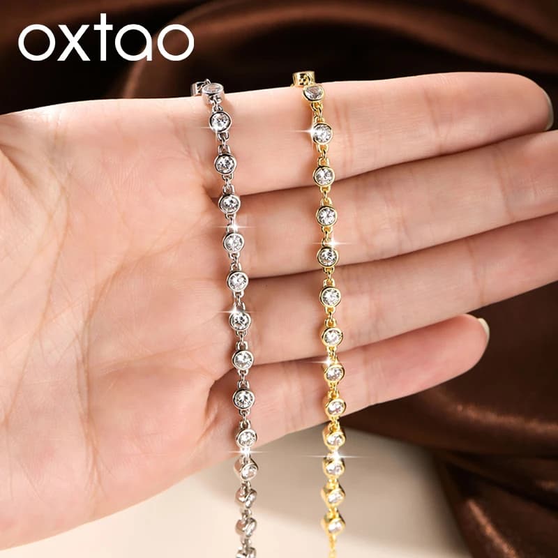OXTAO Bracciale con Bordo a Bolle da 3mm per Donne e Ragazze, Bracciale con Chiusura a Cubo in Zirconia Cubica, Gioiello da Mano Regolabile Placcato Oro 14K