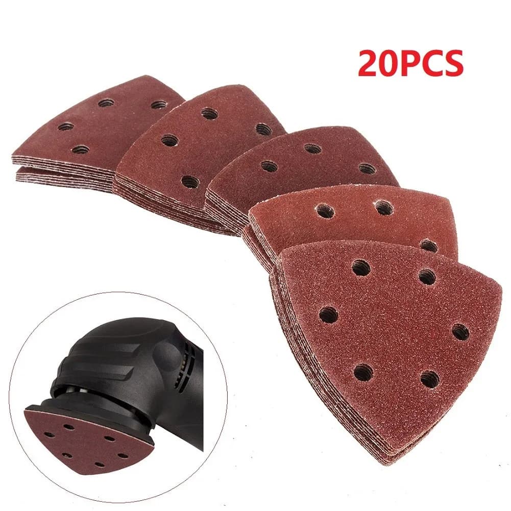 20pcs Sandpaper Triangular Sanding Discs Hook And Loop Aluminum Oxide Pads 90mm 6 Hole Abrasive Tools For Wood Sanding Tools