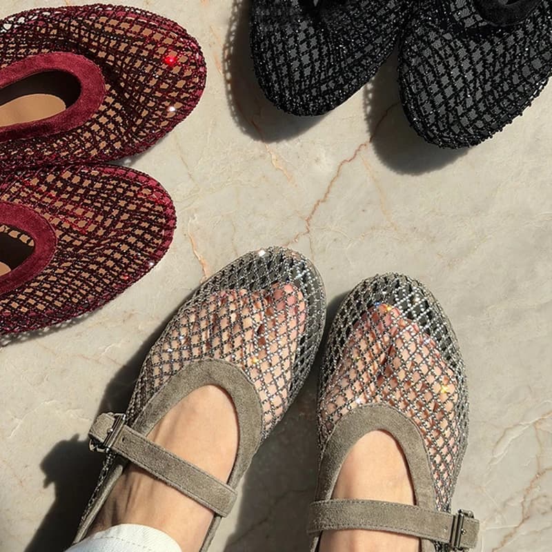 2026 New Model~ Fishnet Rhinestone Ballet Flat Mary Jane Women's Shoes with Hollowed-Out Strap