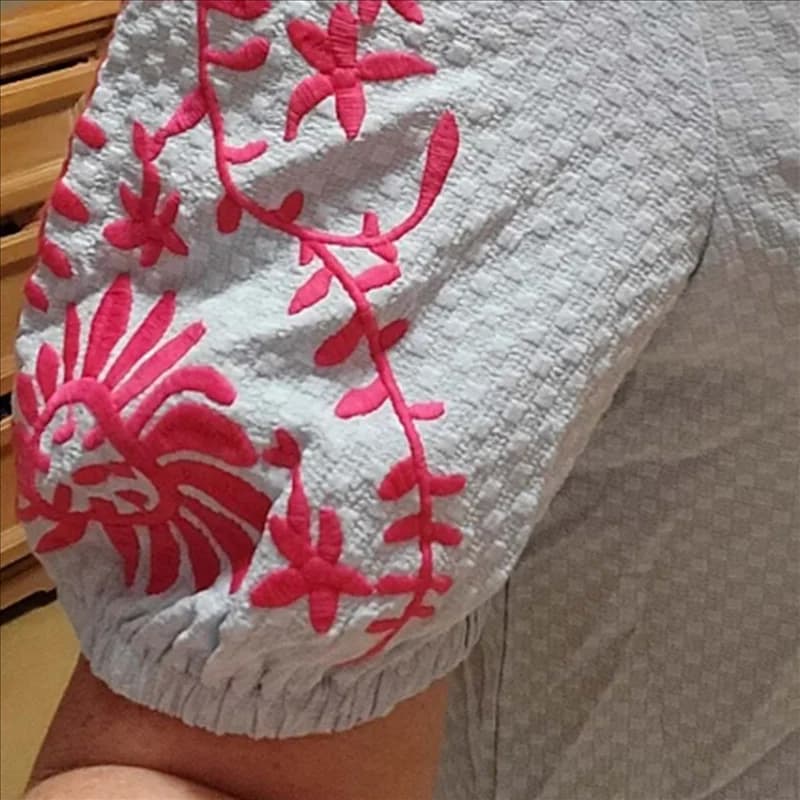 ABRT-Top strutturati ricamati floreali da donna Girocollo Manica corta a sbuffo Camicette casual larghe con ricamo solido Camicie