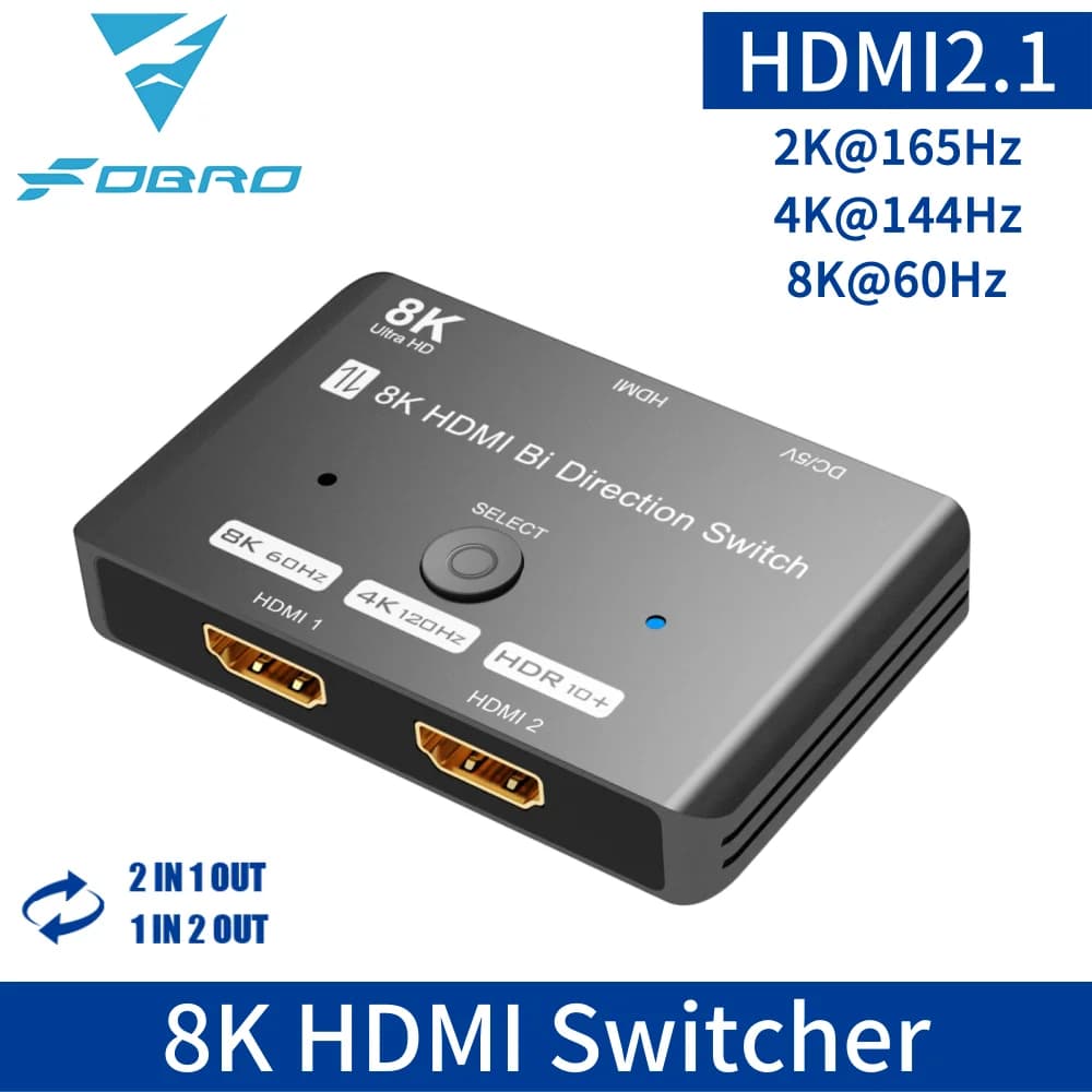 FDBRO HDMI 2.1 Adattatore switcher bidirezionale Splitter 8K@60Hz 4K@120Hz Compatibile 2 in1 out 1in 2 out Per PS4 PS5 Switch HD TV