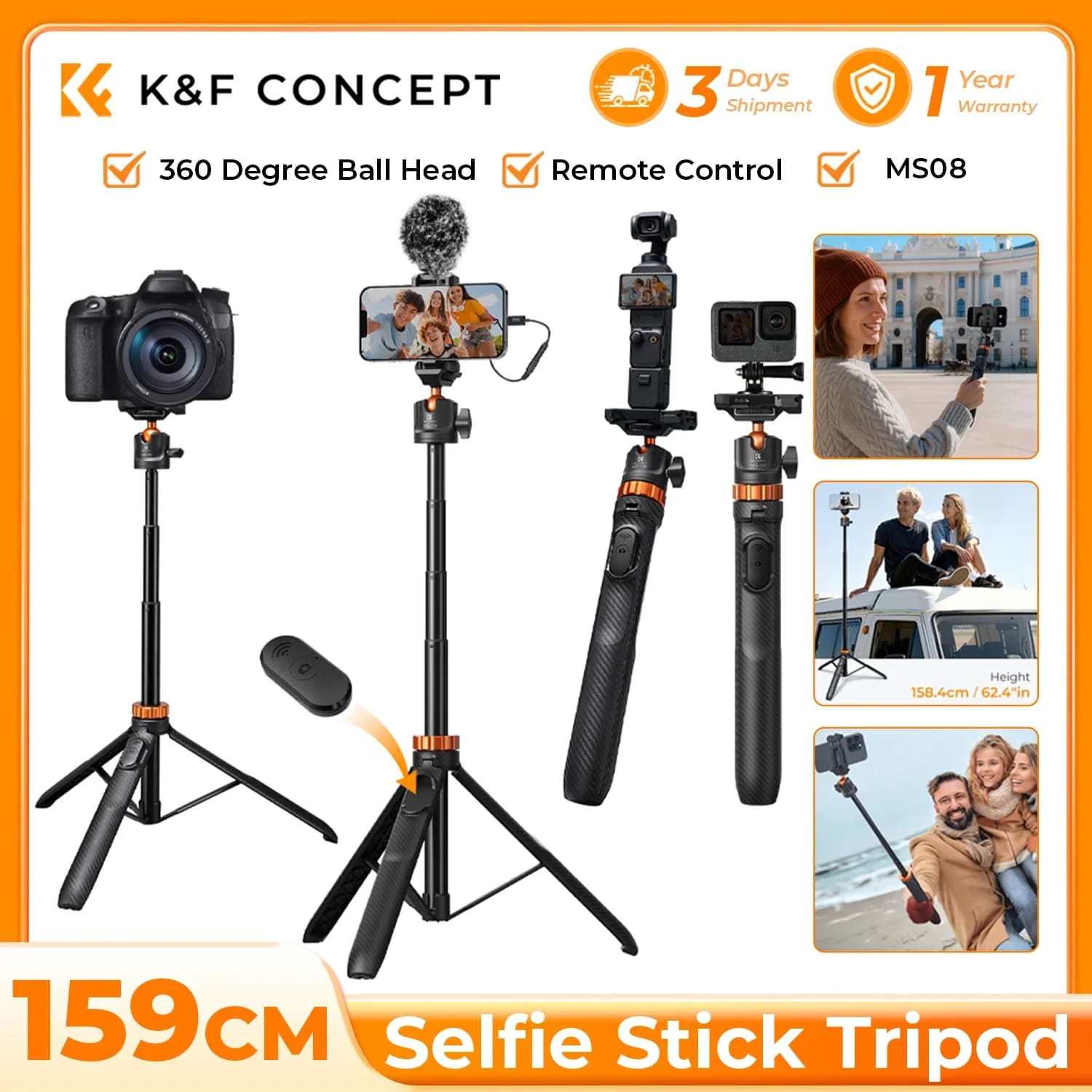 K&F CONCEPT Asta Selfie e Treppiede 2-in-1 per Telefono, Supporto Estensibile per Cellulare con Telecomando 360° ° Testa a sfera per DJI Osmo Pocket 3