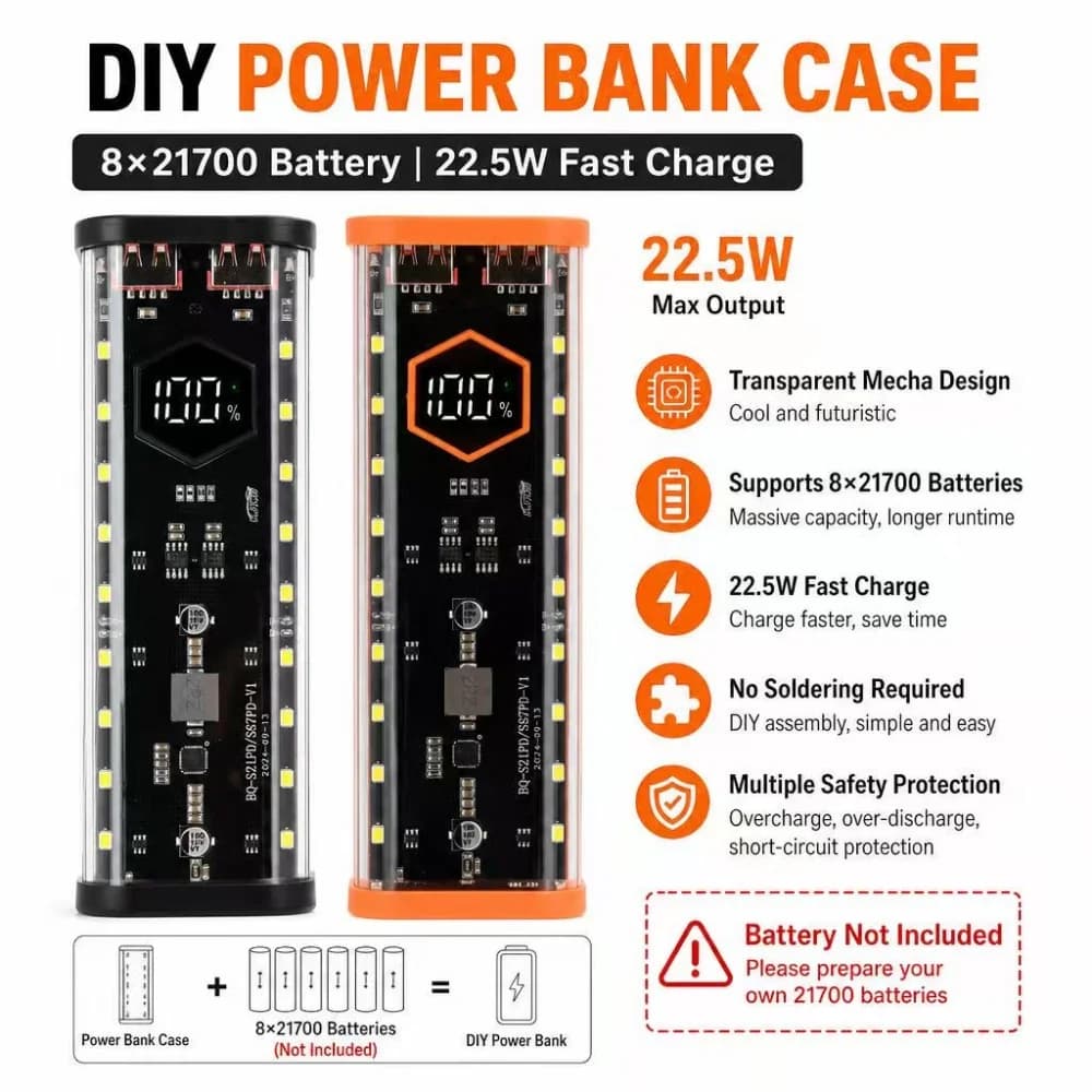Container for 8 batteries 21700, fast charging 22.5W, seamless DIY battery box, power bank case with PD+ Flash Charge+ Fast Charge