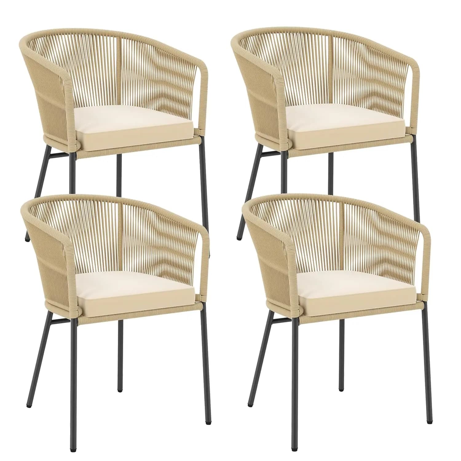 Set di 4 Sedie da Patio in Corda Intrecciata Beige con Schienale Curvo, Cuscino e Piedini Regolabili per Esterni, Giardino, Personalizzabile