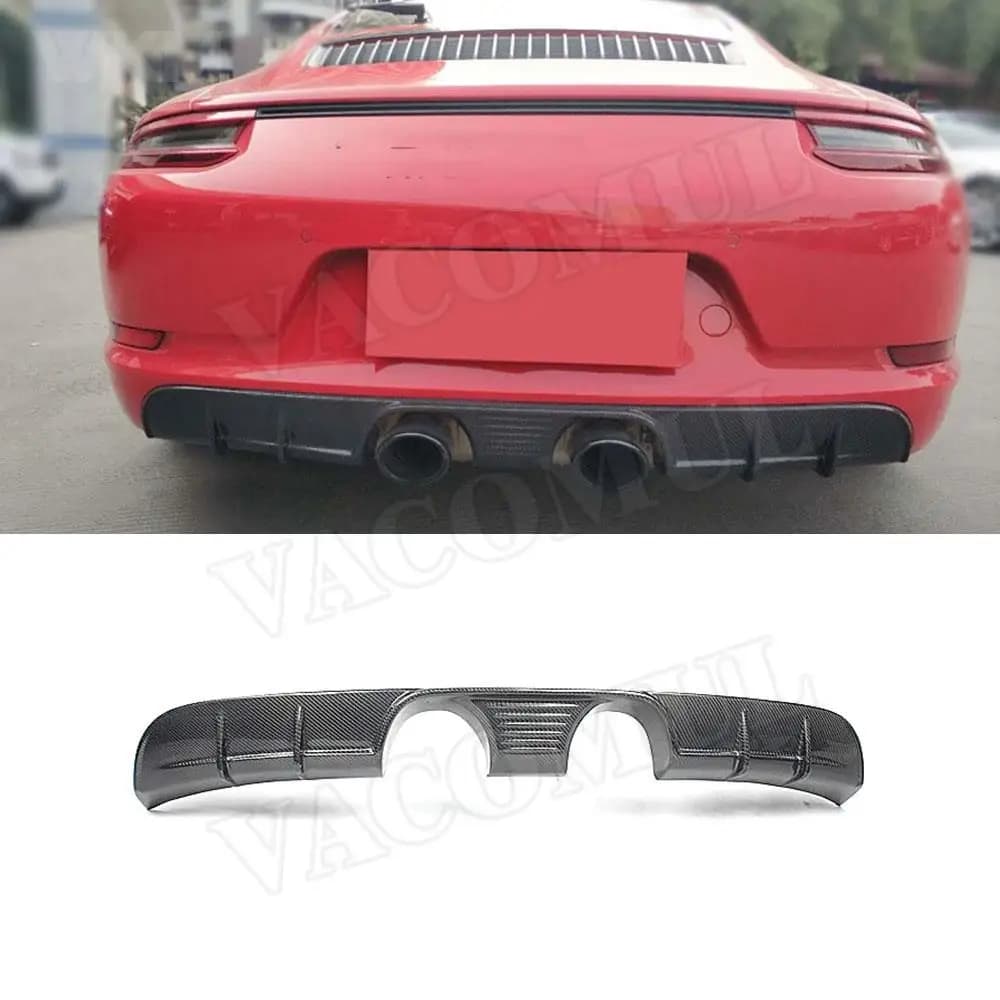 Carbon Fiber / FRP Rear Lip Diffuser Spoiler fit for Porsche Carrera 911 991.2 2015-2018 Middle Outlet Exhaust Bumper Guard
