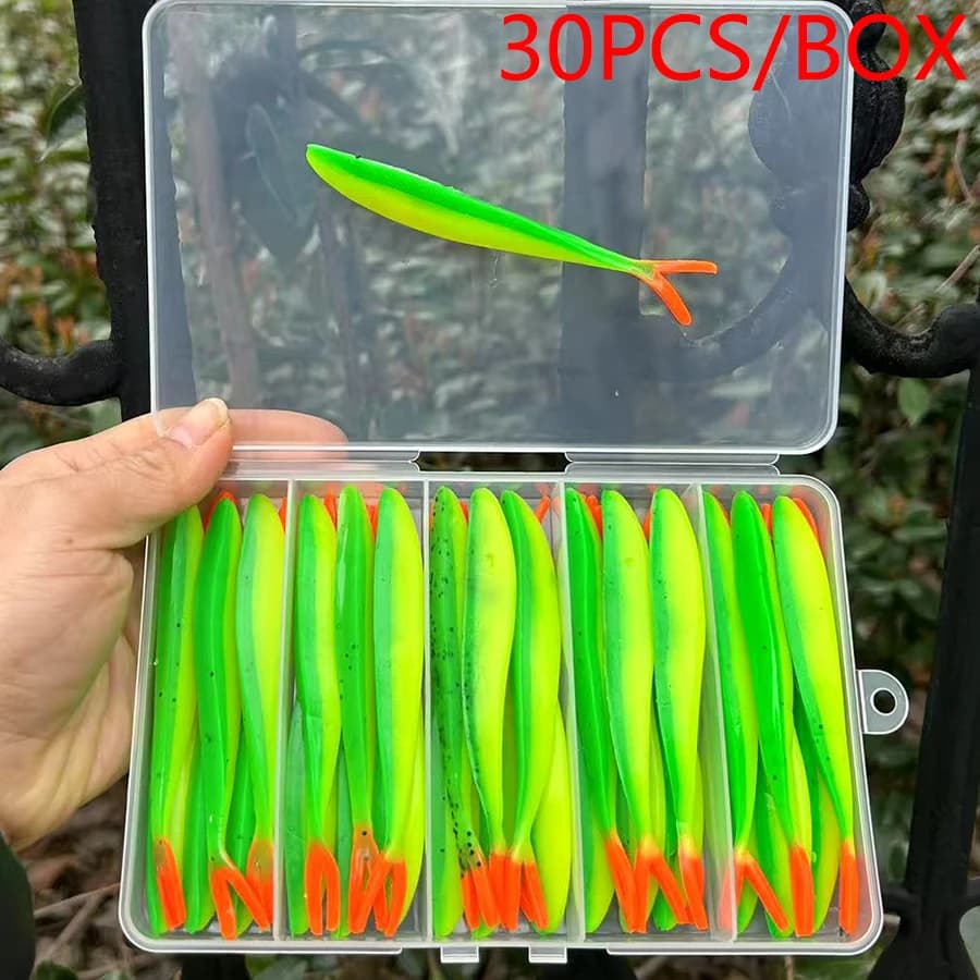 30 pz/scatola Morbido Verme Carpa Goccia Shot Fatti A Mano Swimbait Wobbler Per Luccio Esche Da Pesca Set Coda Biforcuta Jig Testa Kit Esche Artificiali