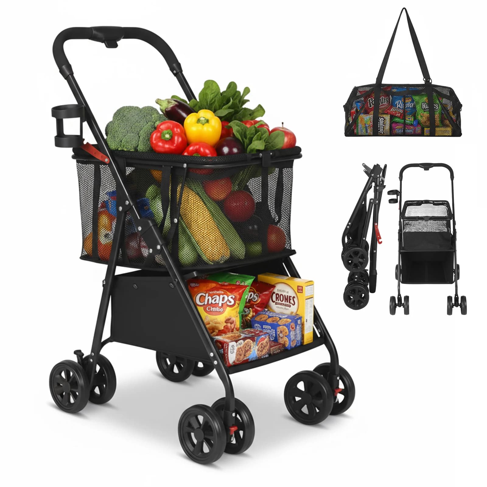 Carrello spesa pieghevole a 2 livelli, carrello multiuso per la spesa con rotazione a 360° ° Ruote e borsa rimovibile per la spesa e il bucato