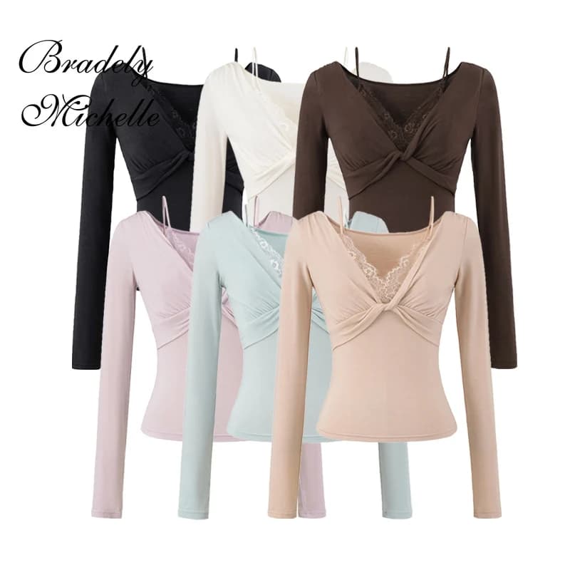 Lace V-neck Patchwork Long Sleeved Top Solid Fashion Clothing Stretch New Women Tops Sexy Pullover Bottoming Blouses T-shirt