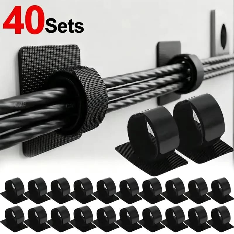 4-40Sets Cable Management Under Desk Wire Holder Cord Organizer Adjustable Hook and Loop Adhesive Cable Ties Cables Holders