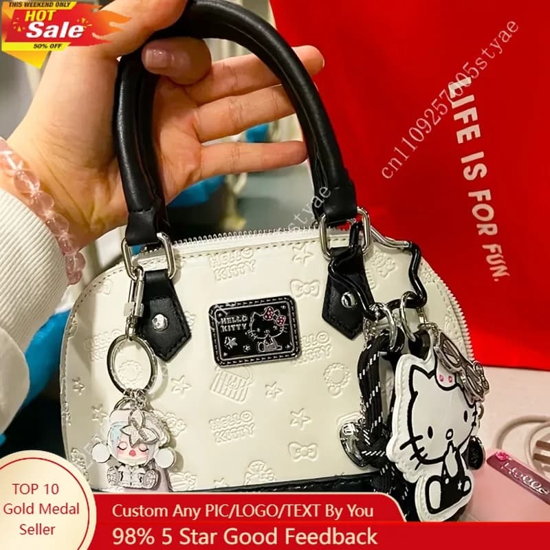 1 pezzo Sanrio Hello Kitty Borsa floreale bianca e nera in pelle sintetica con chiusura a cerniera color oro e cinturini rimovibili