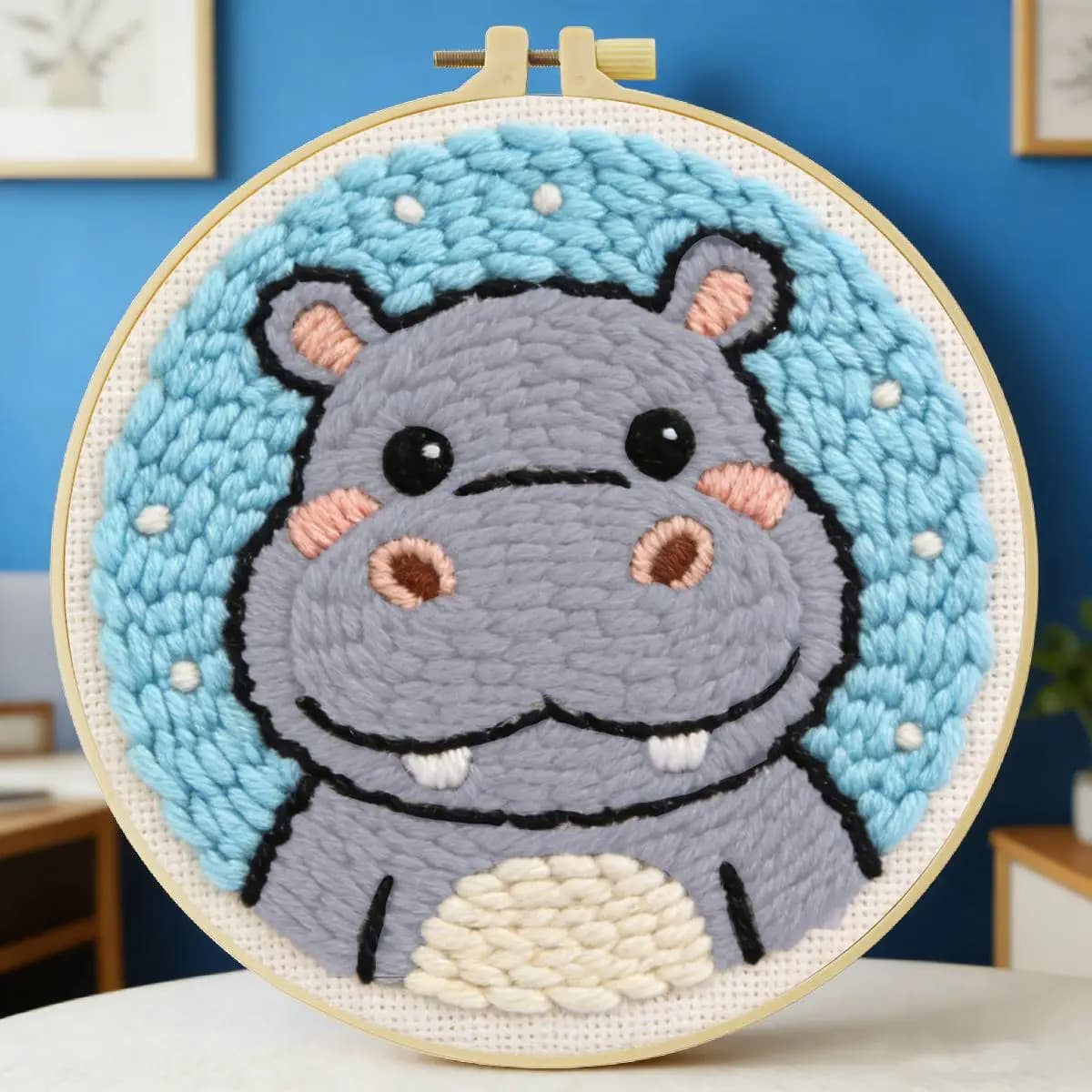 Kit per ricamo punch needle con motivo Ippopotami 20x20 cm / 7,87 pollici, per ricamo a punto, ricamo a maglia, fai da te, regalo fatto a mano, arte del cucito