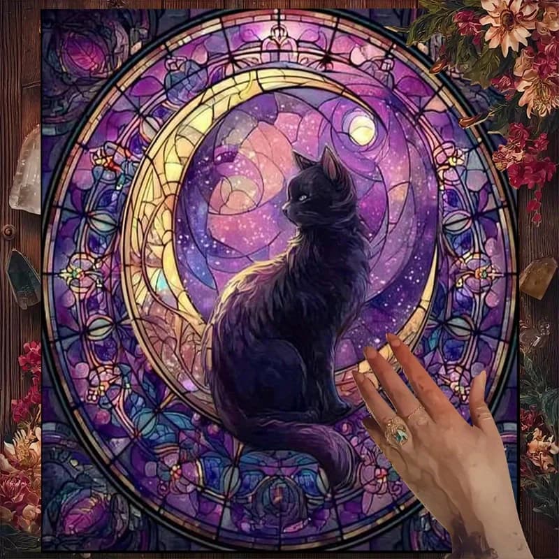 Tovaglia per Tarocchi VIKAMA in Vetro Viola con Gatto Nero e Fasi Lunari, Tappeto per Altare Art Nouveau, Serie Gatto, Tappetino per Divinazione Strega