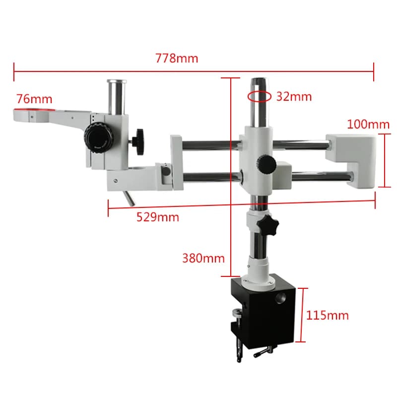 Supporto di messa a fuoco regolabile da 76 mm Supporto per braccio a doppio braccio Zoom Staffa da tavolo per microscopio stereo binoculare trinoculare