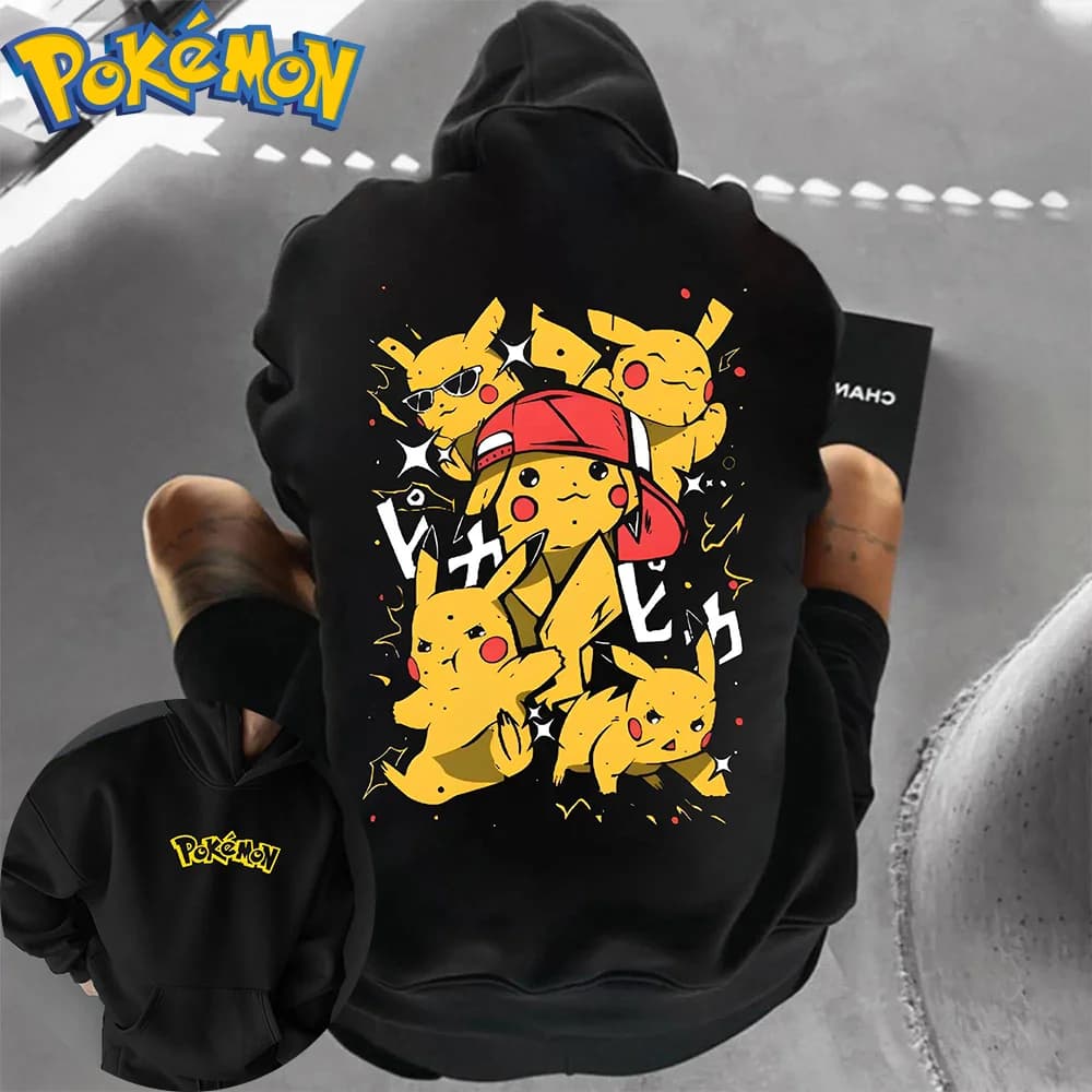 Pokemon Anime Pikachu Felpa con cappuccio in cotone Pantaloni Harajuku Set Stampa di caratteri gialli neri con design a cappello rosso Abito a due pezzi casual