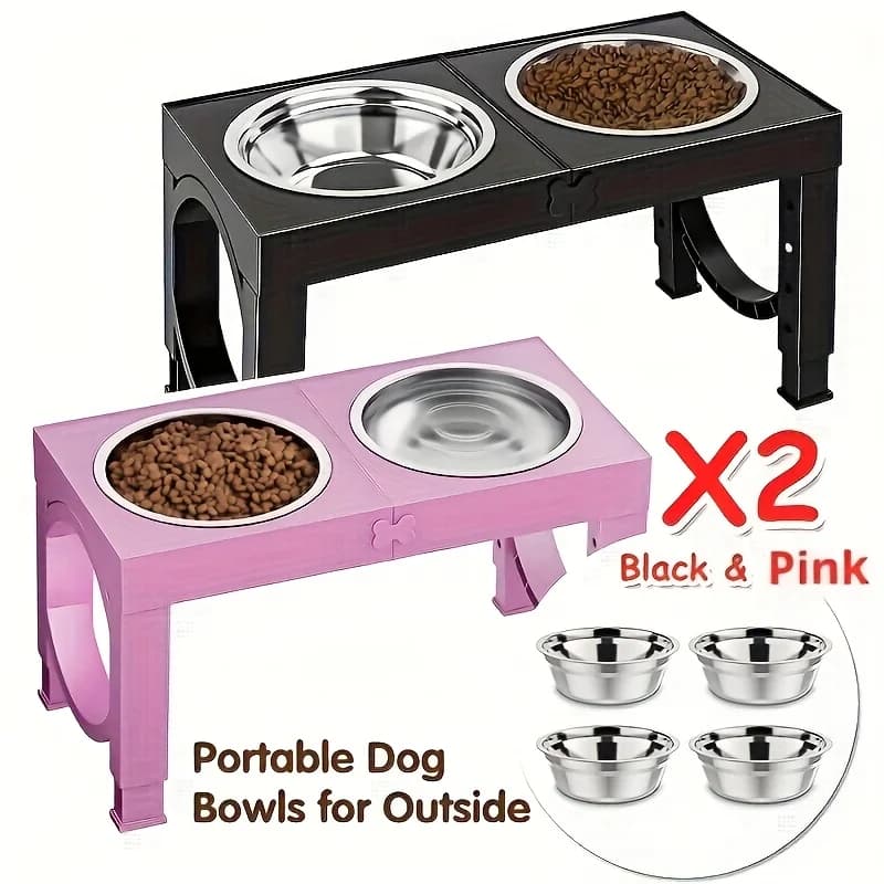 Set di 2 Ciotole Rialzate per Cani, Nero e Rosa, con 4 Ciotole in Acciaio Inossidabile, Ciotole Rialzate per Cibo e Acqua, Facili da Usare