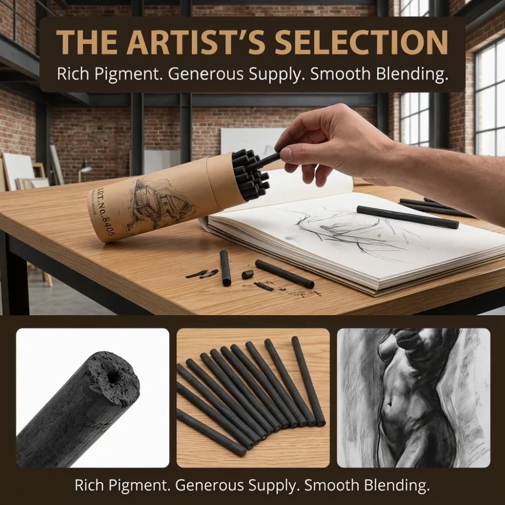 20PCS Bucket Packed Charcoal Sticks Soft Textured Rods Smudge Friendly Effect Sketch Charcoal Rods Smooth Mark