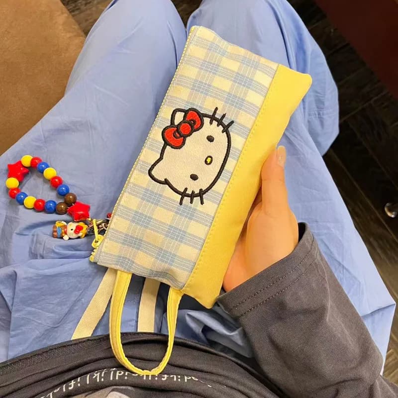 Astuccio a quadri Hello Kitty, grazioso astuccio giapponese in stile cartone animato, organizer di alta estetica per ragazze adolescenti e studentesse