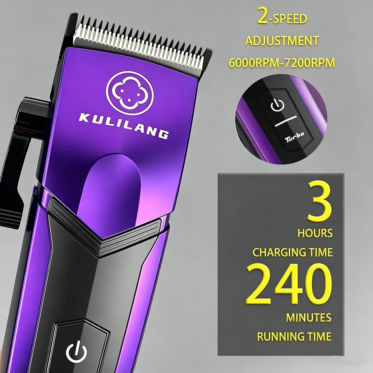 KULILANG R77F Professionale, Regolatore di Velocità a Due Livelli, Tagliacapelli Elettrico con Lama FADE Placcata in Titanio, 7200 giri/min, Trimmer da Salone