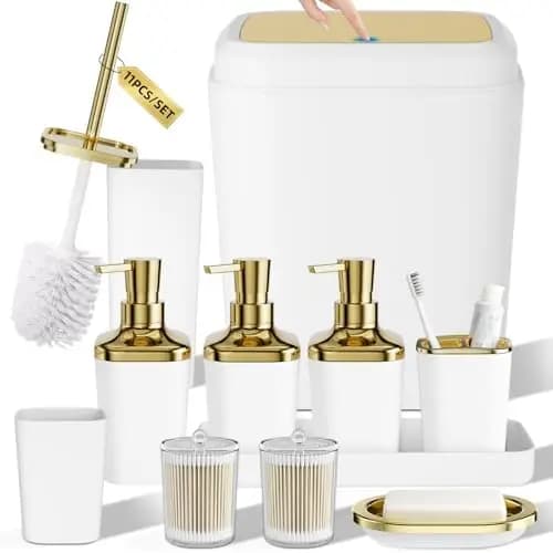 Set da Bagno Bianco 11 Pezzi con Cestino e Dispenser Sapone