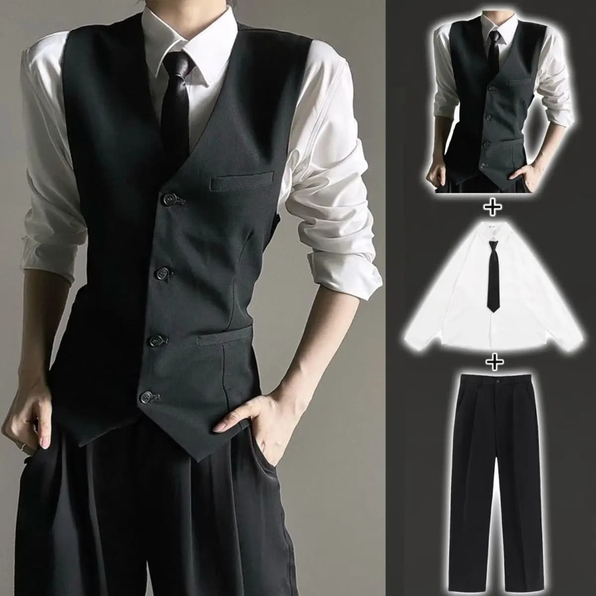 Black Three-Piece Suit Vest Set Slim Fit Unisex Fashionable Business Casual Style Youth Popular Spring Autumn Wear Chinese Or...