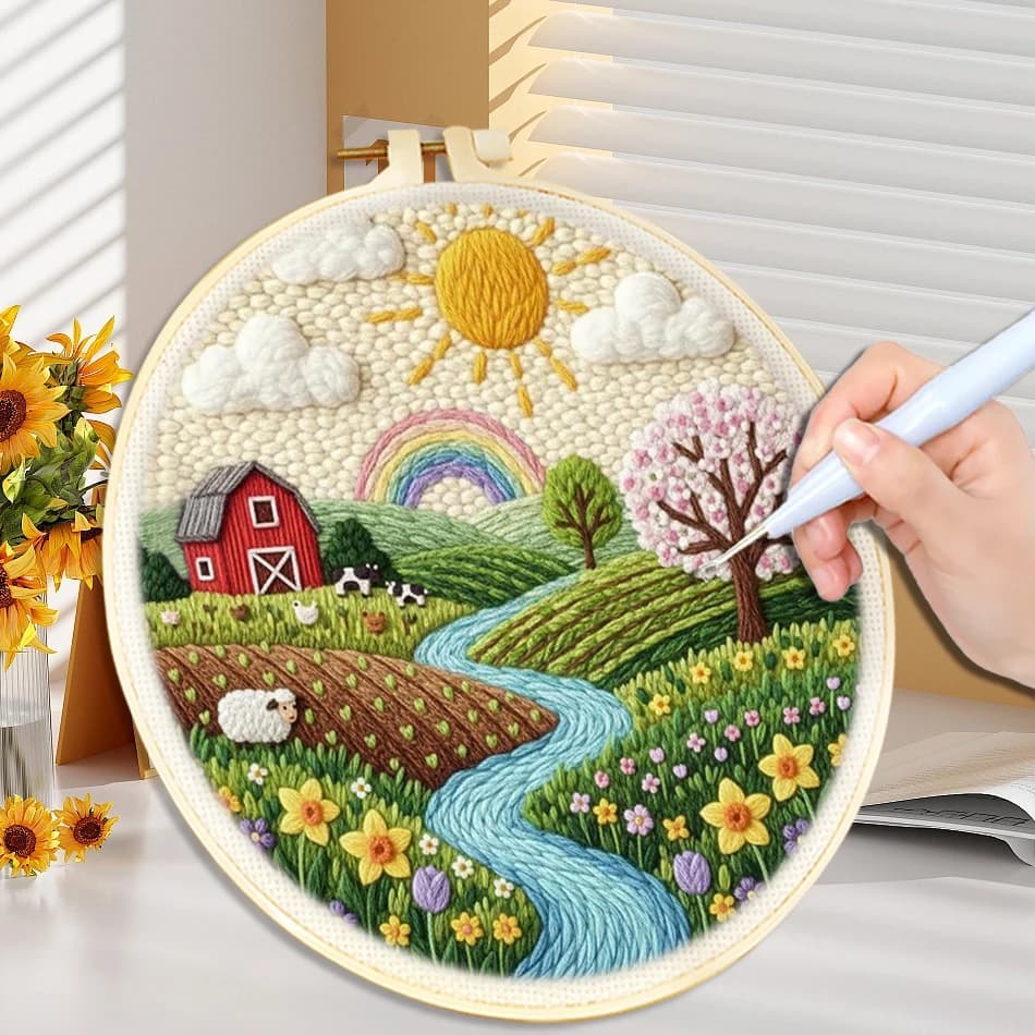 CHENISTORY Punch Needle Kit Spring Scenery Pattern For Adults Punch Needle Poke Embroidery Kit Landscape Diy Craft
