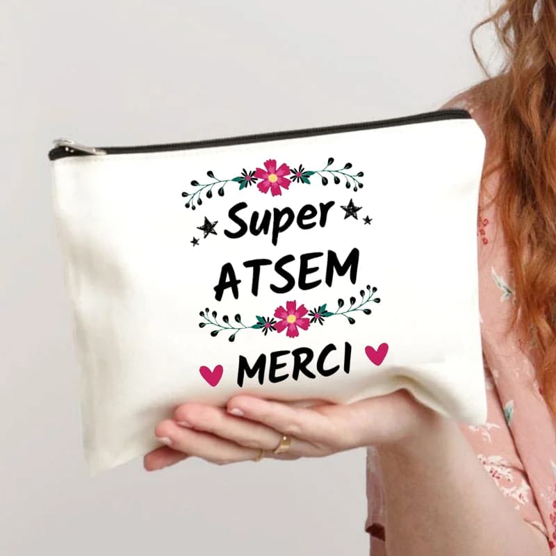 Merci Atsem Borsa per il trucco stampata francese Astuccio grande per matite Forniture di cancelleria scolastica Borsa per il lavaggio da viaggio Regali per Atsem