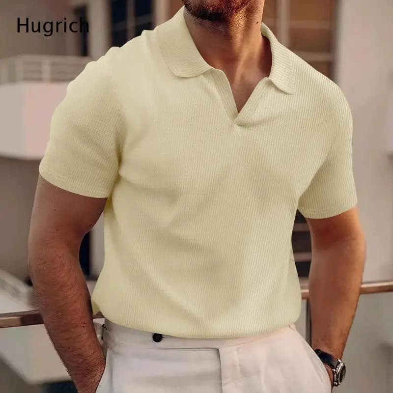 Men Waffle Knit Short Sleeve Polo Shirt Open Collar V Neck Breathable Summer Golf Tees