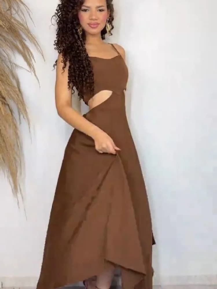 Elegante Abito Midi Marrone con Vita Traforata da Donna, Chic con Spalline Sottili, Vestito Fluido a Trapezio, Casual, per Vacanze Estive 2026