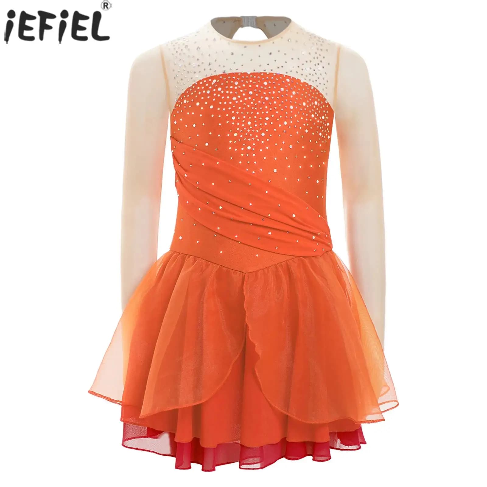 Bambini Ragazze Balletto Vestito da ballo lirico Pattinaggio di figura Performance Costume Strass lucidi Maniche lunghe Ginnastica Body Tutu