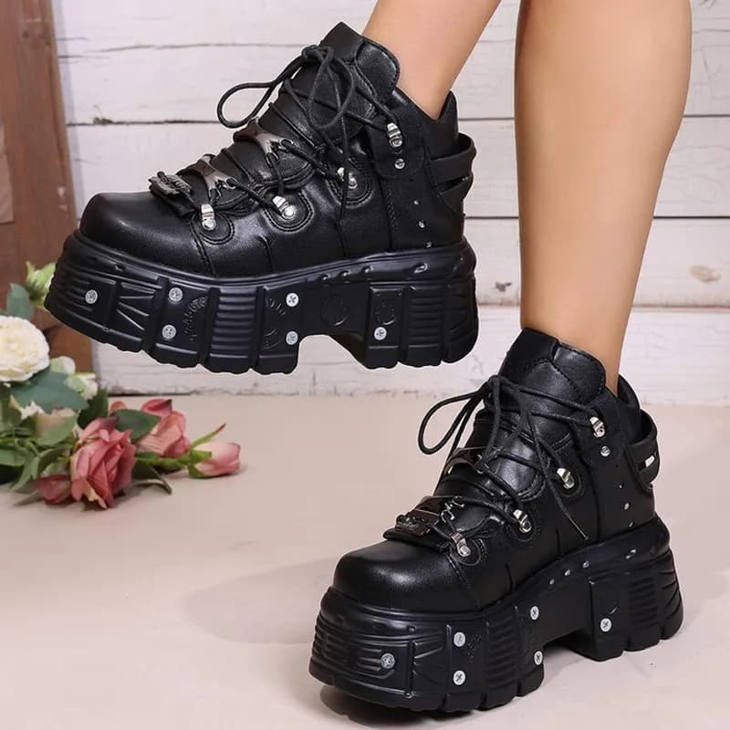 New Women's Shoes 2026 Punk Style with Laces, 8CM Heel, Platform, Gothic Boots, Metallic Decorations, Women's Sneakers
