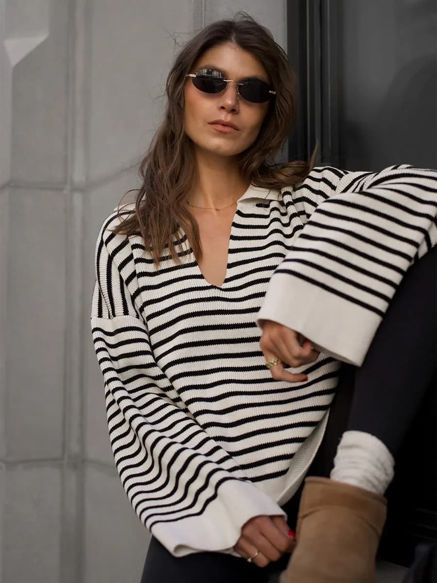 Wolfeel 2025 Autunno Inverno delle nuove donne a righe colletto polo maglione manica lunga maglia allentata pullover moda maglioni
