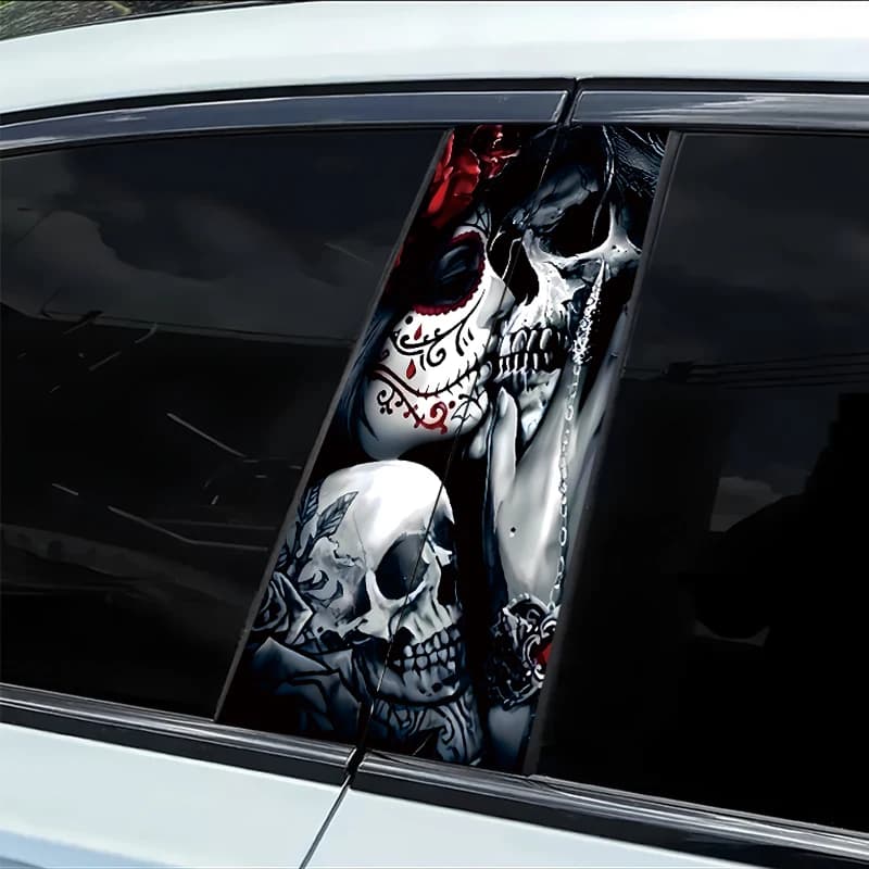 2 pieces of car B mount adhesives, pink smooth material protective film with skull pattern, with scratch-resistant performance