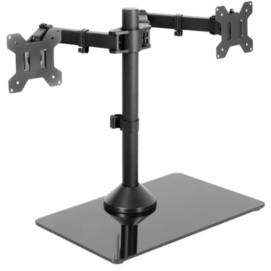 Freestanding dual monitor stand for office use tempered glass base black supports two 32-inch screens up to 22 lbs each with he