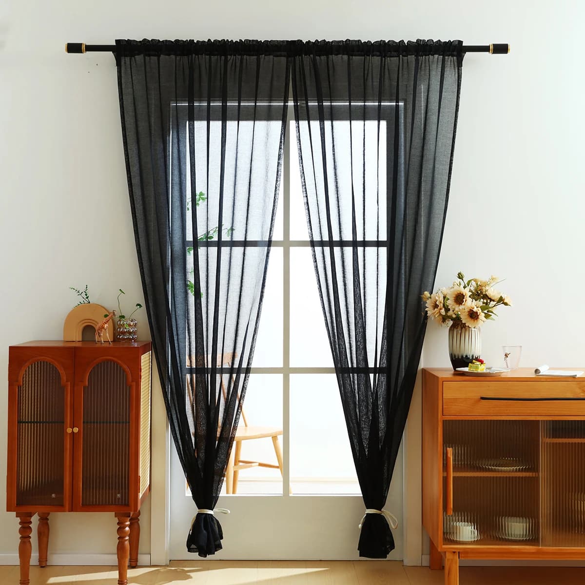 1pc black polyester fabric transparent curtain, pocket for rod, translucent gauze curtains in dark style for room decor