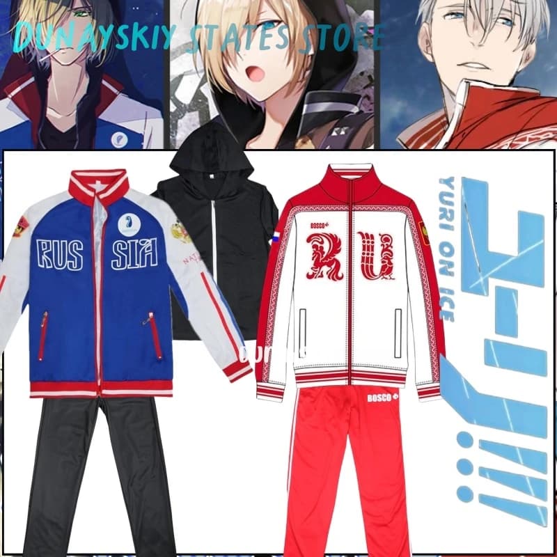 Anime Yuri Plisetsky Victor Nikiforov Cosplay Costume Red Blue Coat Jacket Trousers Unisex Halloween Women's Sports Clothing