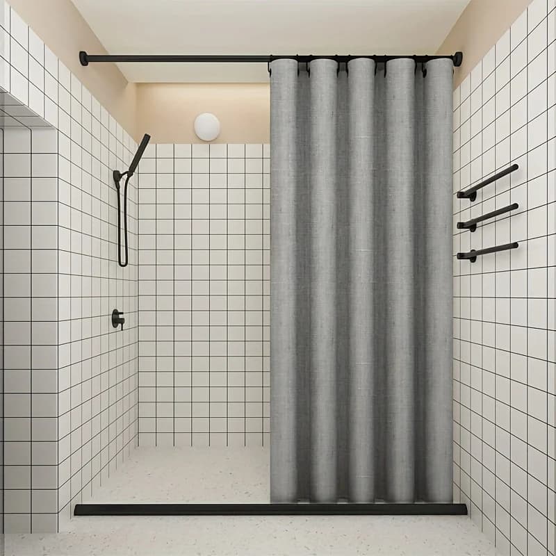 Linen shower curtain with embedded hooks Dry and wet Separation No-perforation required Linen decorative fabric for the elegance of the bathroom