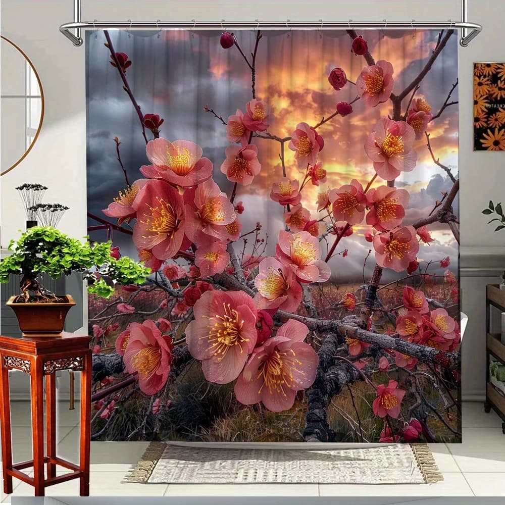 Tenda da doccia con motivo floreale, 1 pezzo - Scena di foresta al tramonto con vivaci fiori di ciliegio rosa, tessuto in poliestere resistente, 70,8x70,8 pollici
