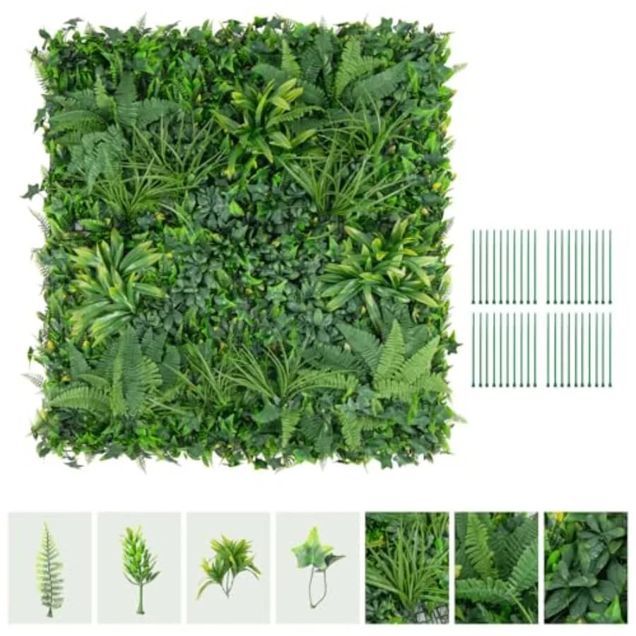 Artificial hedge panels 20x20 cm, wall panels in fake bosso with 7 types of mixed plants, sun protection, decorative green