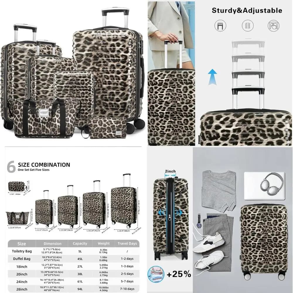 Set di valigie rigide espandibili per PC+ABS - Stampa leopardata da 6 pezzi con ruote girevoli, lucchetto TSA, valigia leggera con rotelle per